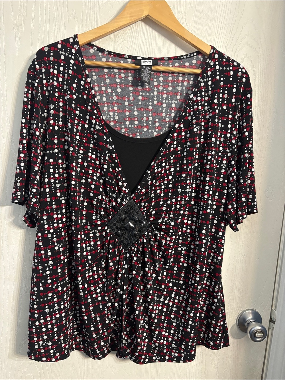 Studio 1940 Black Tunic with Red and White Dot Print and Decorative Buckle
